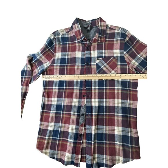 VOLCOM Men's Flannel Shirt True to This Sz Large Red Blue White Plaid Button-Up - Picture 6 of 13